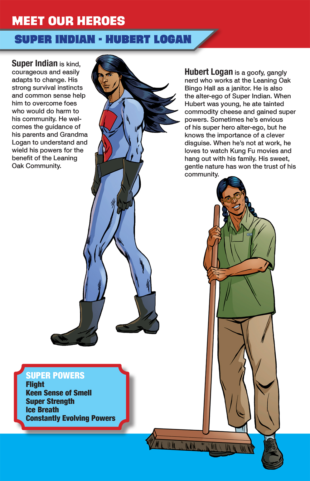 A page with images of Super Indian and his alter ego Hubert Logan