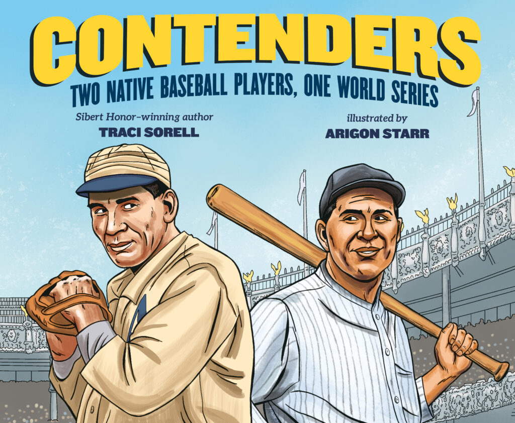 Two Native American baseball players on the cover of book Contenders from Kokila Books